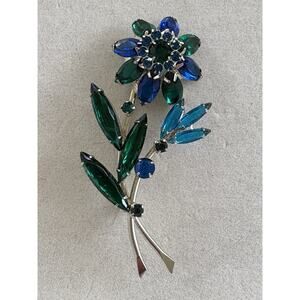 Vtg Blue Layered Rhinestone Long Stem Flower Brooch Unsigned Julianna